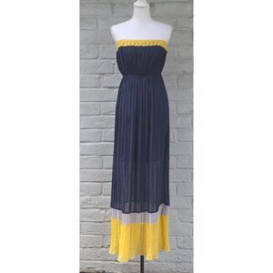Body Central Colorblock Strapless Maxi Dress Pleated Chiffon Navy Yellow Grey M